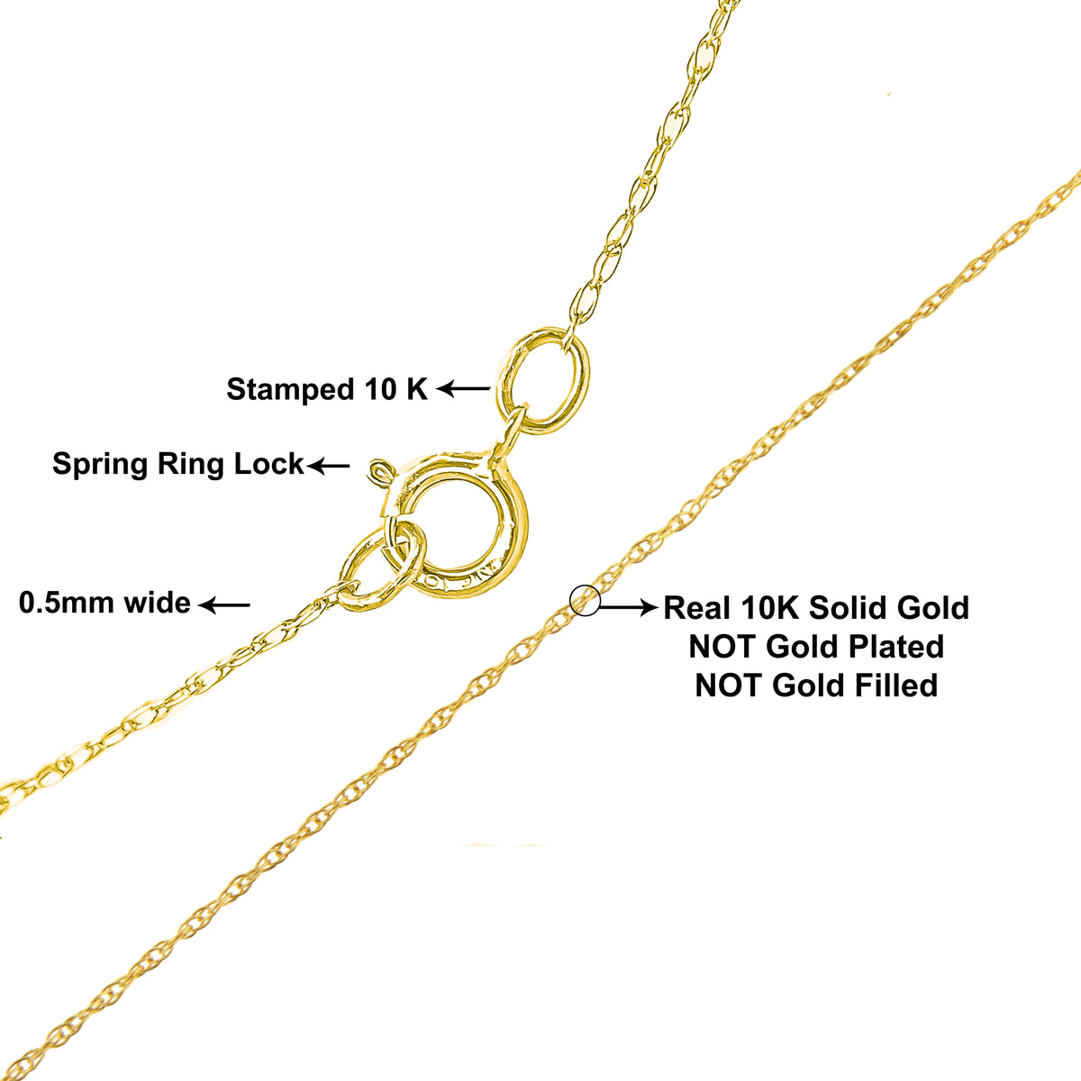 Solid 10K Yellow Gold 0.5mm slim and Dainty Rope Chain Necklace. Unisex Chain" Inches