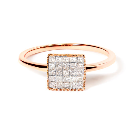 10K Rose Gold 1/3 Cttw Invisible Set Princess Cut Diamond Composite Square Shape Ring for Women (H-I color, I1-I2 clarity)