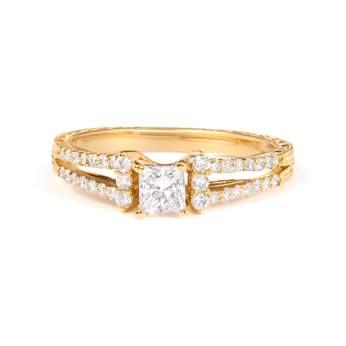14K Yellow Gold Diamond 5/8 Cttw Princess Diamond Split Shank and Milgrain Engagement Ring (G-H Color, VS2-SI1 Clarity)