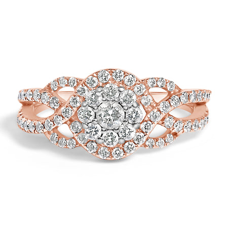 10K Rose Gold 3/4 Cttw Diamond Floral Cluster Head and Twisted Shank Cocktail Ring (H-I Color, SI1-SI2 Clarity)