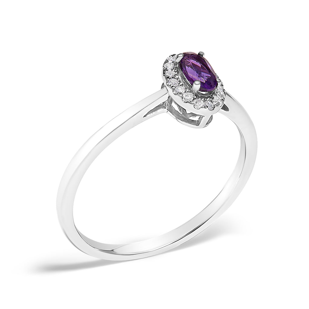 10K White Gold 5X3MM Oval Purple Amethyst and Diamond Accent Halo Ring (I-J Color, I1-I2 Clarity)