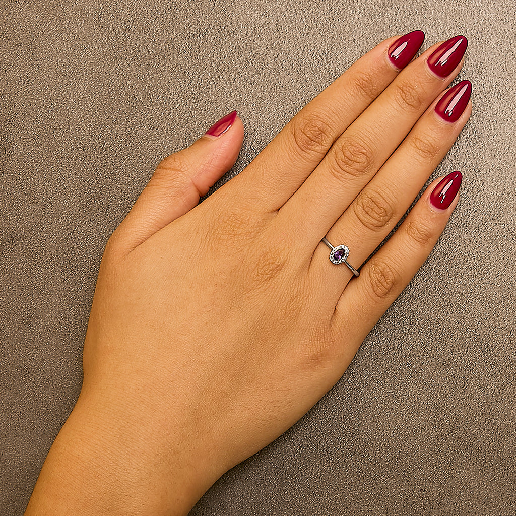 10K White Gold 5X3MM Oval Purple Amethyst and Diamond Accent Halo Ring (I-J Color, I1-I2 Clarity)