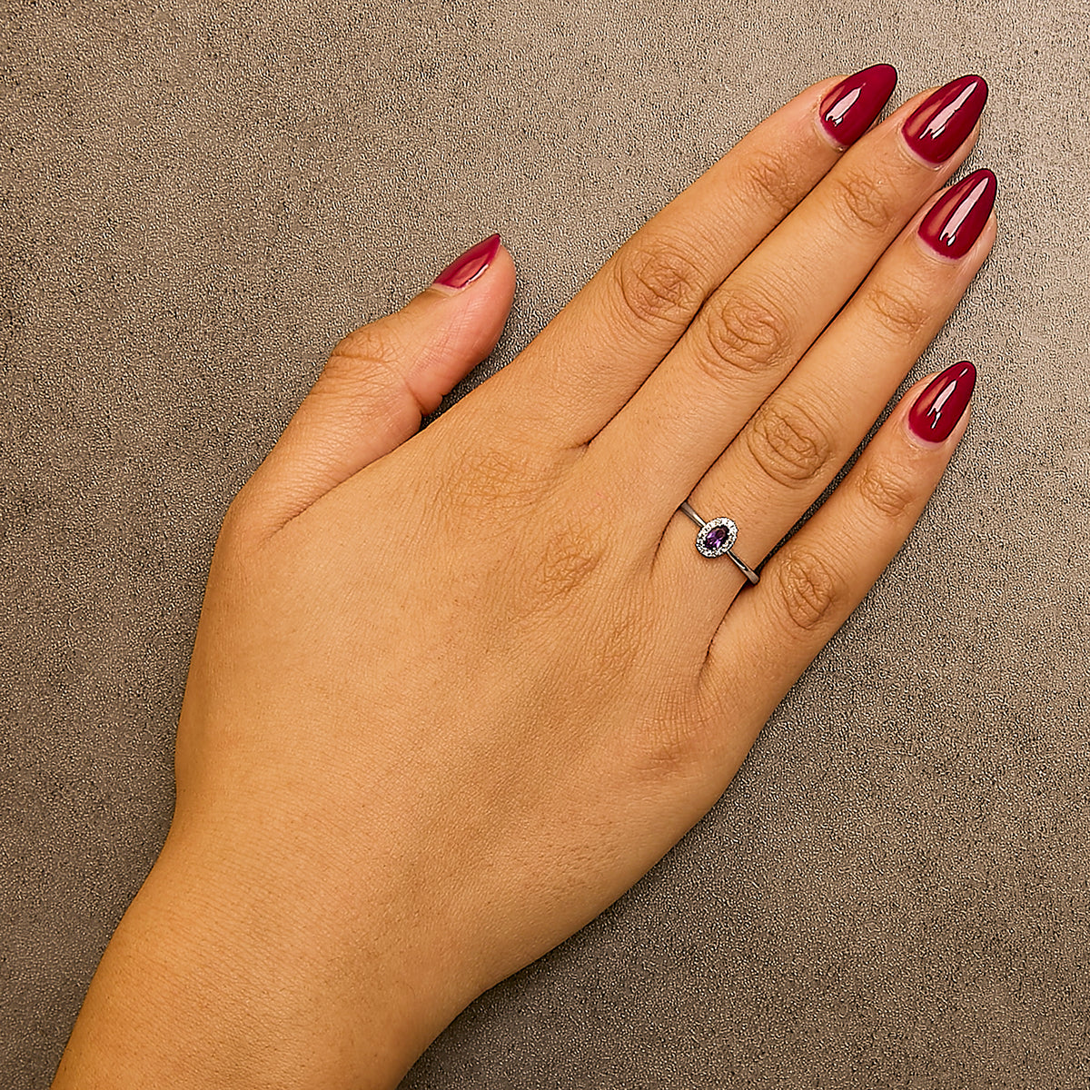 10K White Gold 5X3MM Oval Purple Amethyst and Diamond Accent Halo Ring (I-J Color, I1-I2 Clarity)