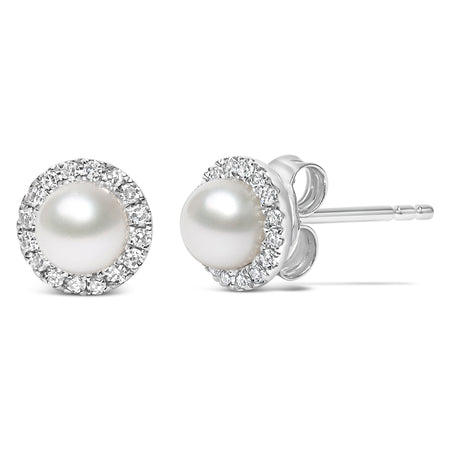 10K White Gold 4.5mm Cultured Freshwater Pearl and 1/7 Cttw Diamond Halo Stud Earring (I-J Color, I1-I2 Clarity) - Model View
