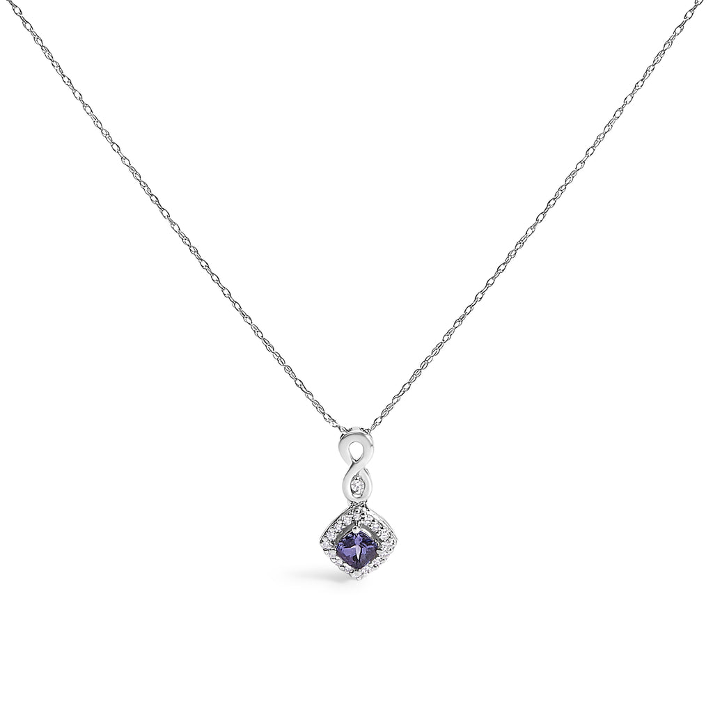 10K White Gold Blue Purple Tanzanite and Diamond Accent Cushion Drop Pendant Necklace