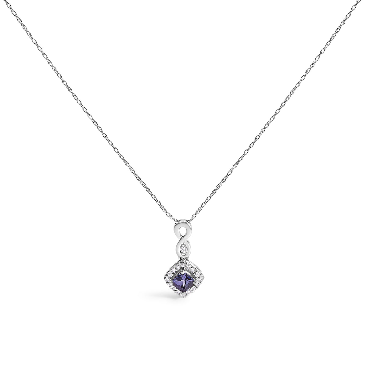 10K White Gold Blue Purple Tanzanite and Diamond Accent Cushion Drop Pendant Necklace