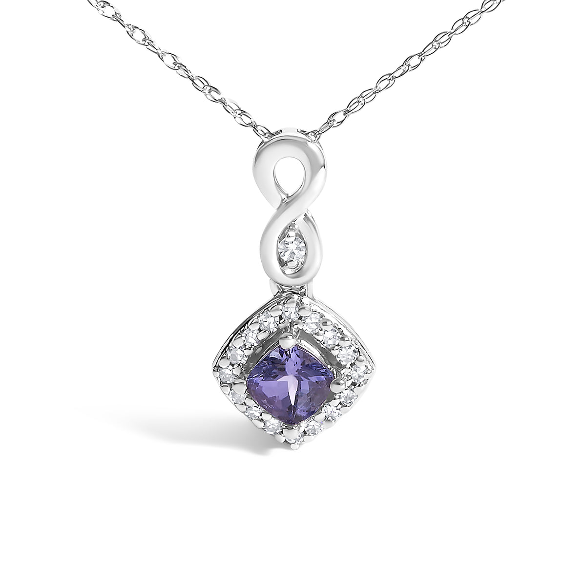 10K White Gold Blue Purple Tanzanite and Diamond Accent Cushion Drop Pendant Necklace