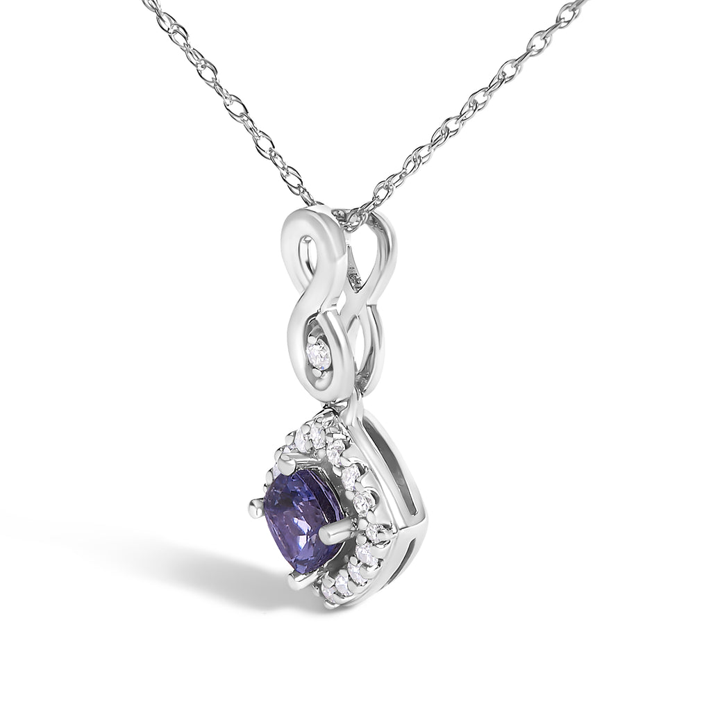 10K White Gold Blue Purple Tanzanite and Diamond Accent Cushion Drop Pendant Necklace