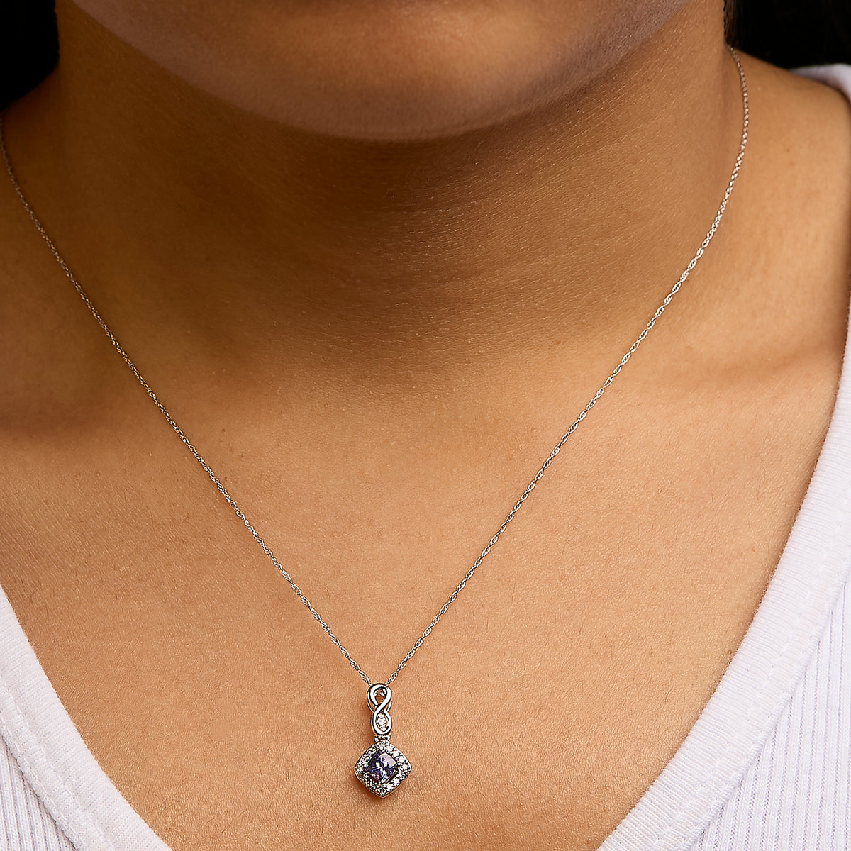 10K White Gold Blue Purple Tanzanite and Diamond Accent Cushion Drop Pendant Necklace