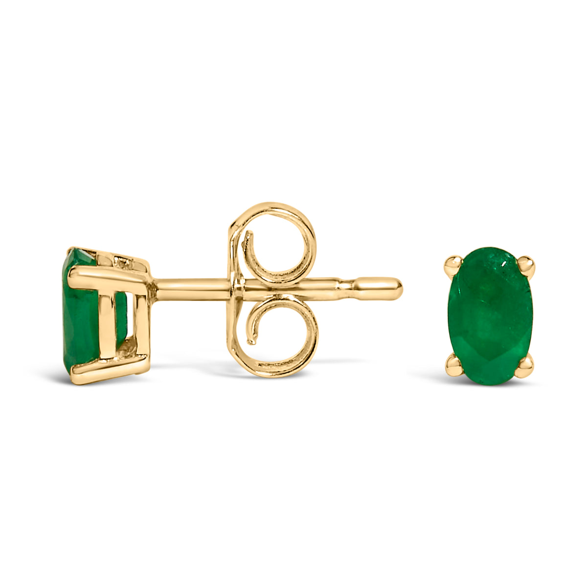 14K Yellow Gold 5x3 MM Oval Green Emerald Solitaire Stud Earrings