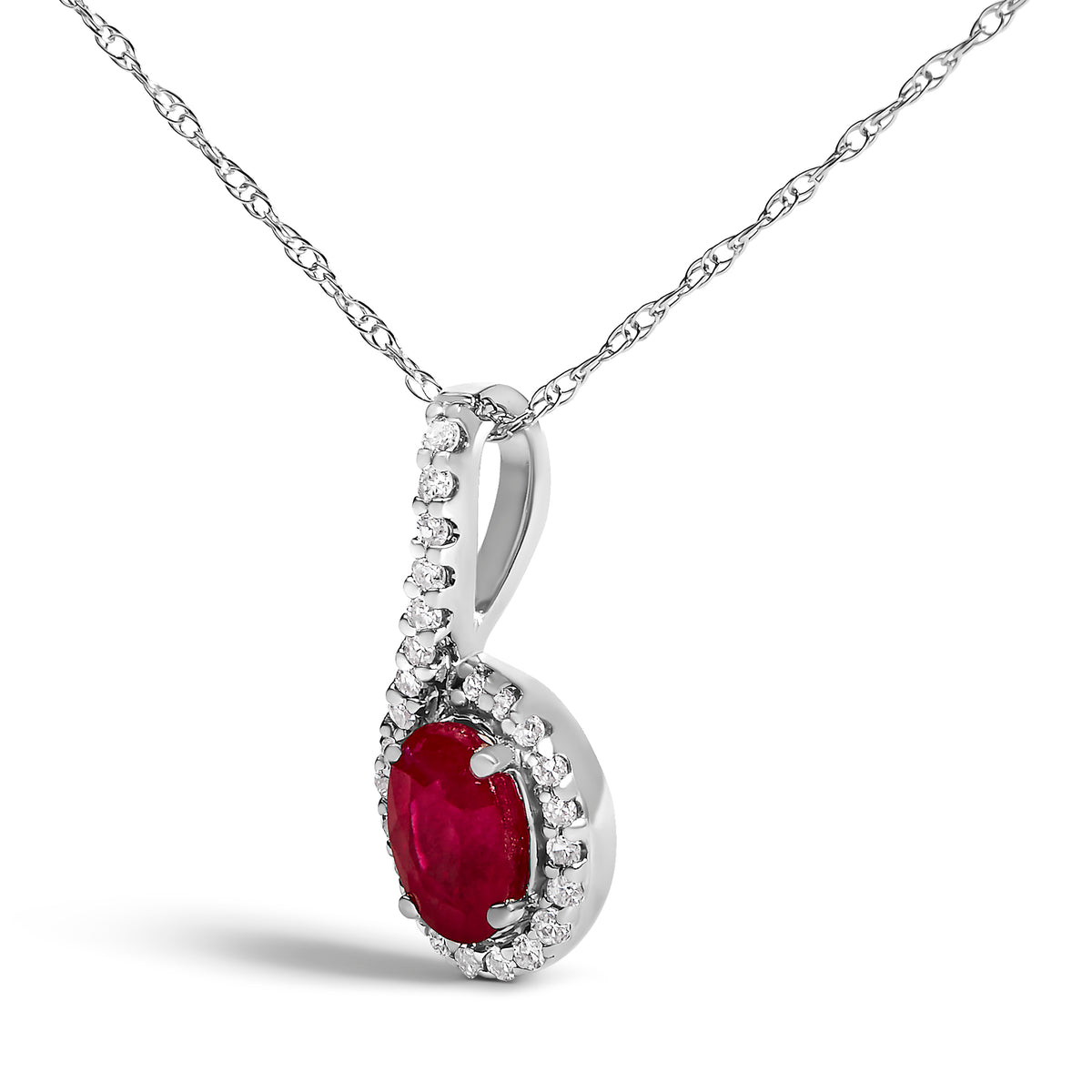 10K White Gold Red Ruby and Diamond Accent Teardrop Pendant Necklace