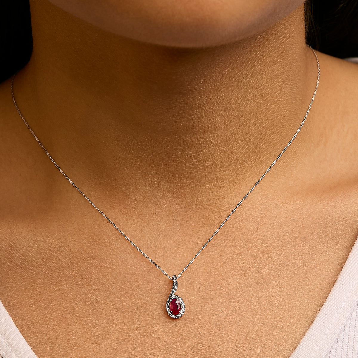 10K White Gold Red Ruby and Diamond Accent Teardrop Pendant Necklace