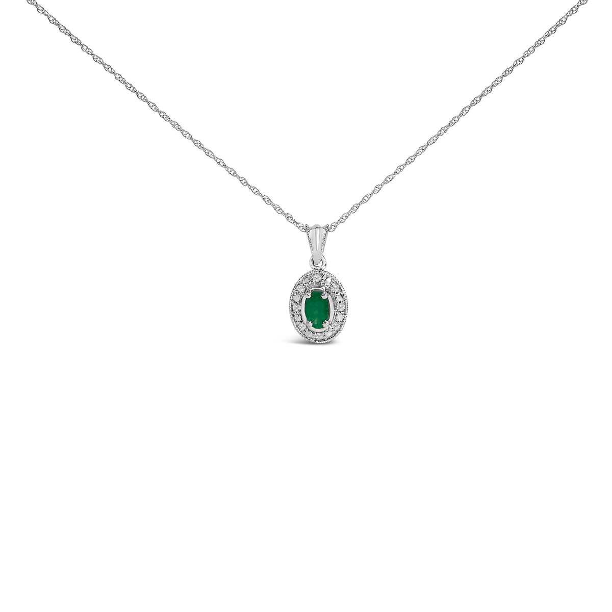 14K White Gold Oval Green Emerald and Diamond Halo Pendant Necklace