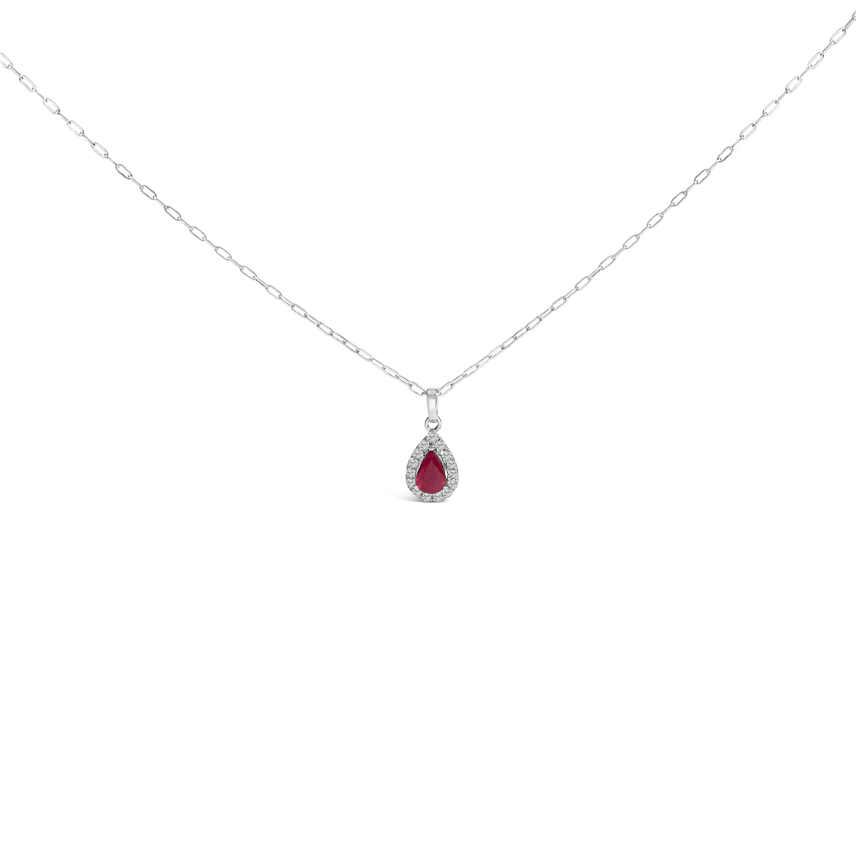 14K White Gold 6x4 Pear Red Ruby and Diamond Halo Pendant Necklace