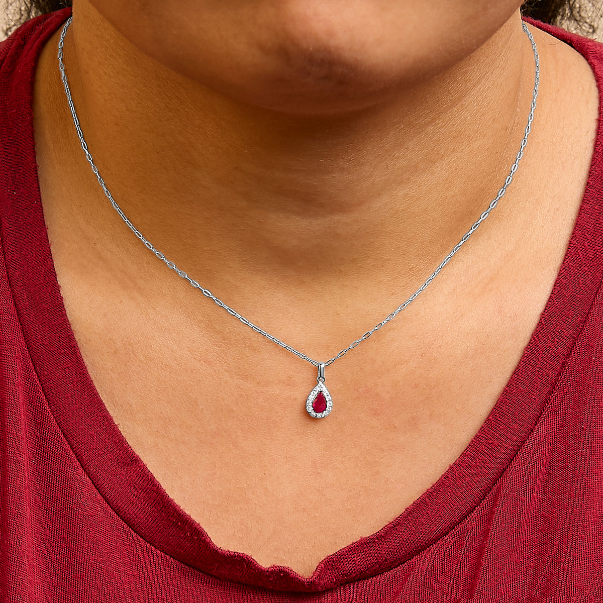 14K White Gold 6x4 Pear Red Ruby and Diamond Halo Pendant Necklace