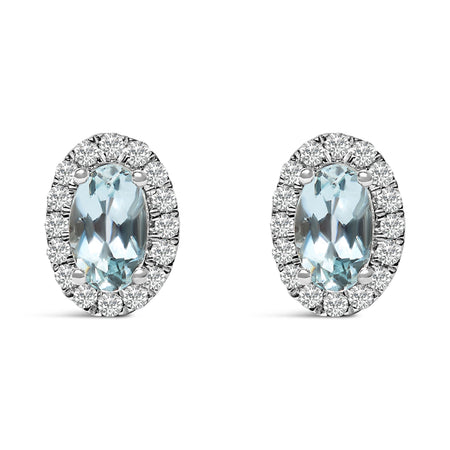 10K White Gold 5x3 MM Oval Blue Aquamarine and Diamond Halo Stud Earrings (I-J Color, I1-I2 Clarity)