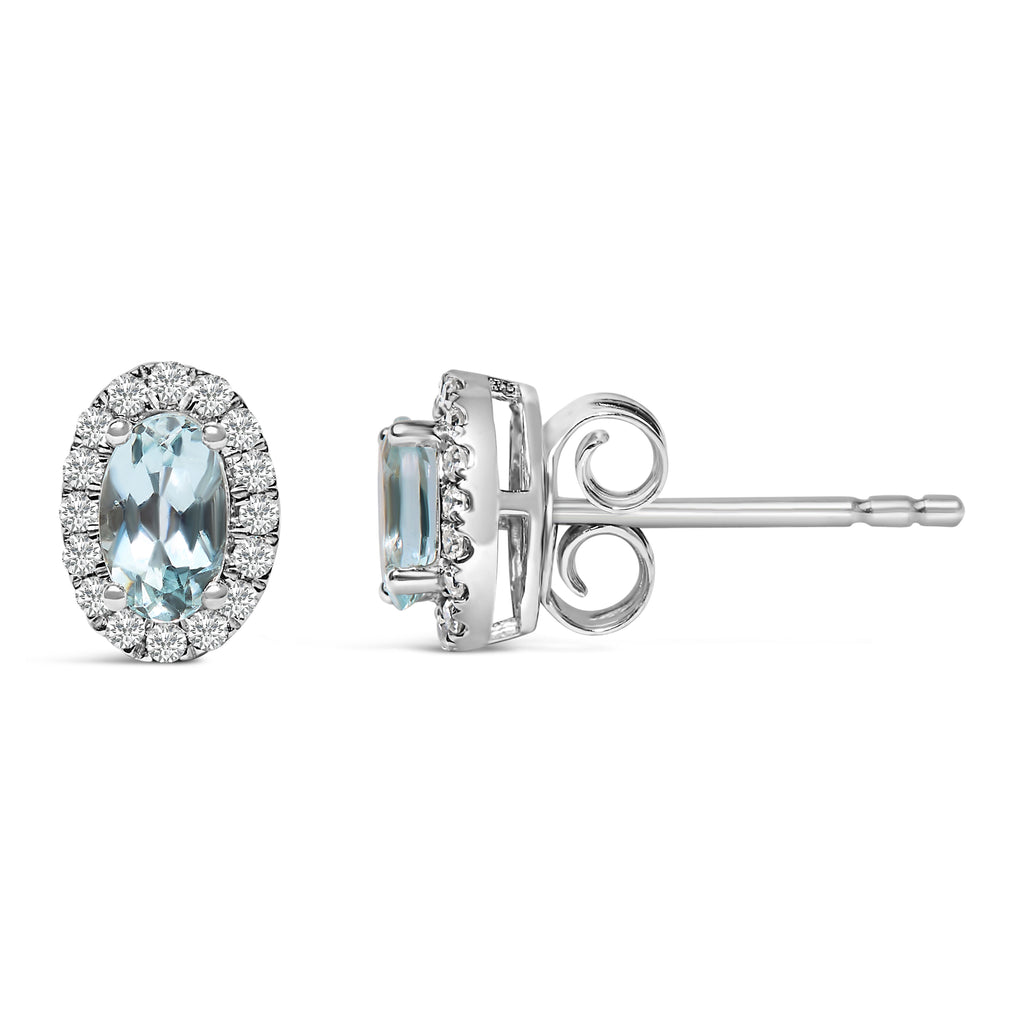 10K White Gold 5x3 MM Oval Blue Aquamarine and Diamond Halo Stud Earrings (I-J Color, I1-I2 Clarity)