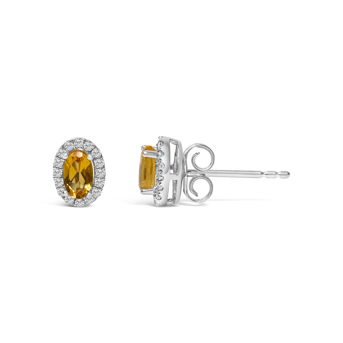 10K White Gold 5x3 MM Oval Yellow Citrine and Diamond Halo Stud Earrings (I-J Color, I1-I2 Clarity)
