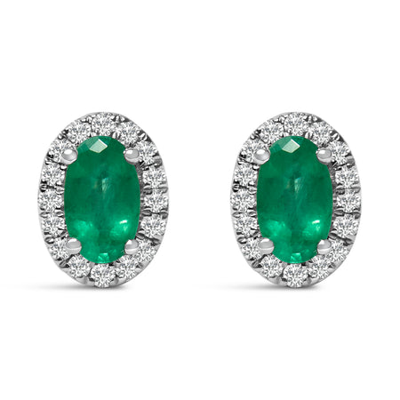 10K White Gold 5x3 MM Oval Green Emerald and Diamond Halo Stud Earrings (I-J Color, I1-I2 Clarity)
