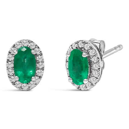 10K White Gold 5x3 MM Oval Green Emerald and Diamond Halo Stud Earrings (I-J Color, I1-I2 Clarity) - Model View