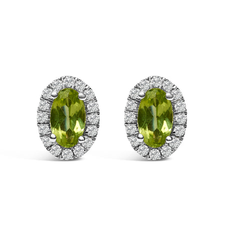 10K White Gold 5x3 MM Oval Green Peridot and Diamond Halo Stud Earrings (I-J Color, I1-I2 Clarity)