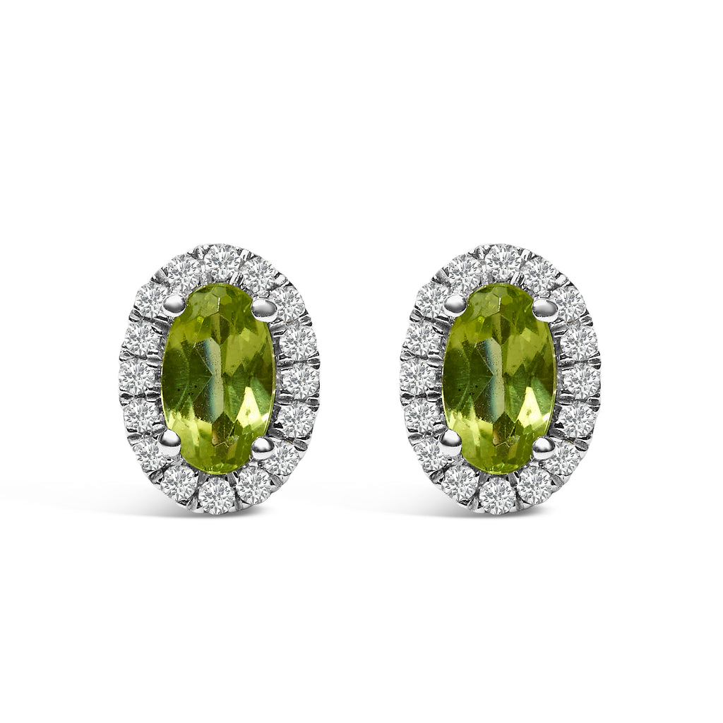 10K White Gold 5x3 MM Oval Green Peridot and Diamond Halo Stud Earrings (I-J Color, I1-I2 Clarity)