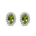 10K White Gold 5x3 MM Oval Green Peridot and Diamond Halo Stud Earrings (I-J Color, I1-I2 Clarity)