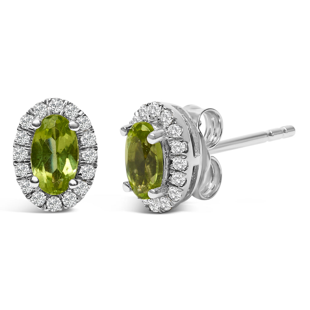 10K White Gold 5x3 MM Oval Green Peridot and Diamond Halo Stud Earrings (I-J Color, I1-I2 Clarity)