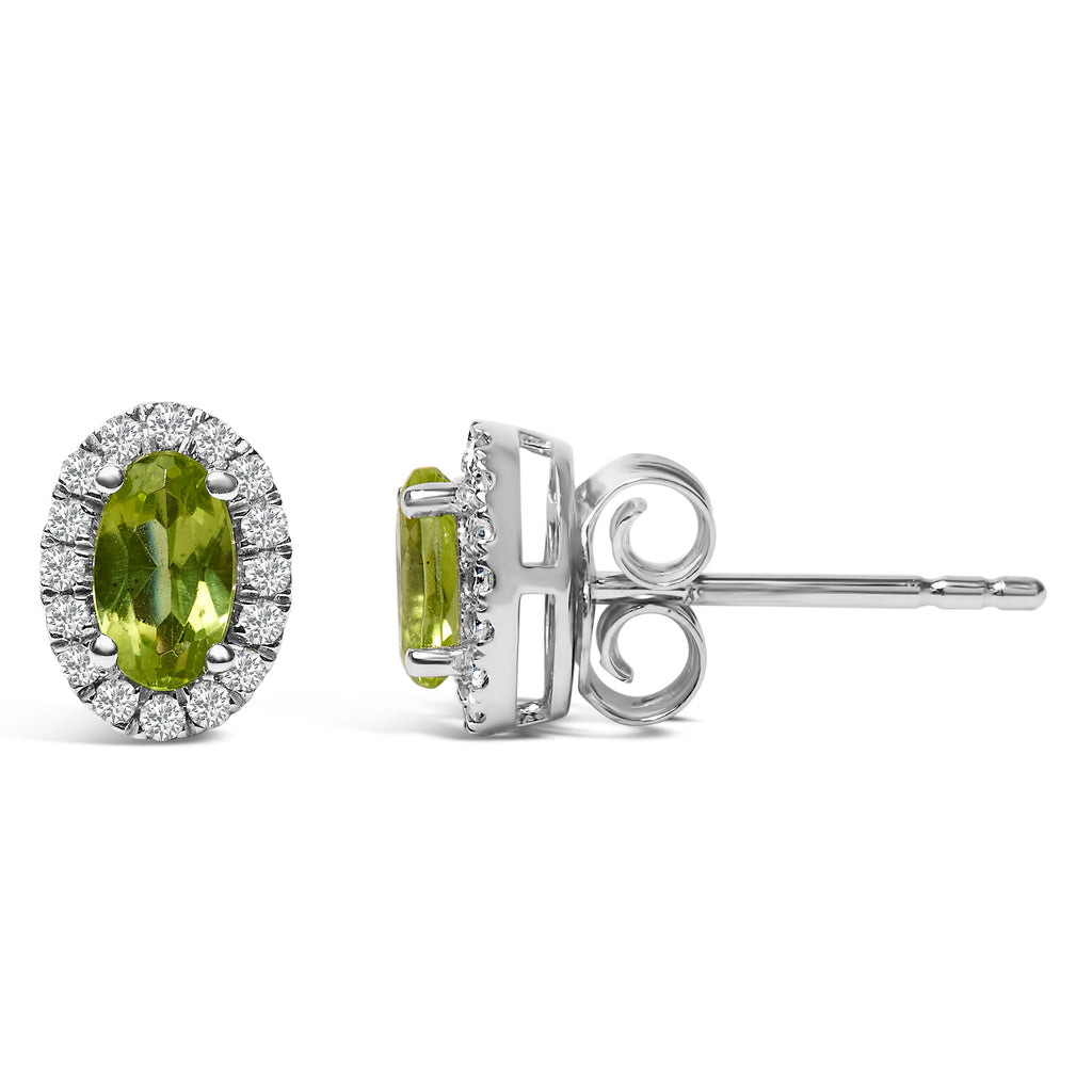 10K White Gold 5x3 MM Oval Green Peridot and Diamond Halo Stud Earrings (I-J Color, I1-I2 Clarity)