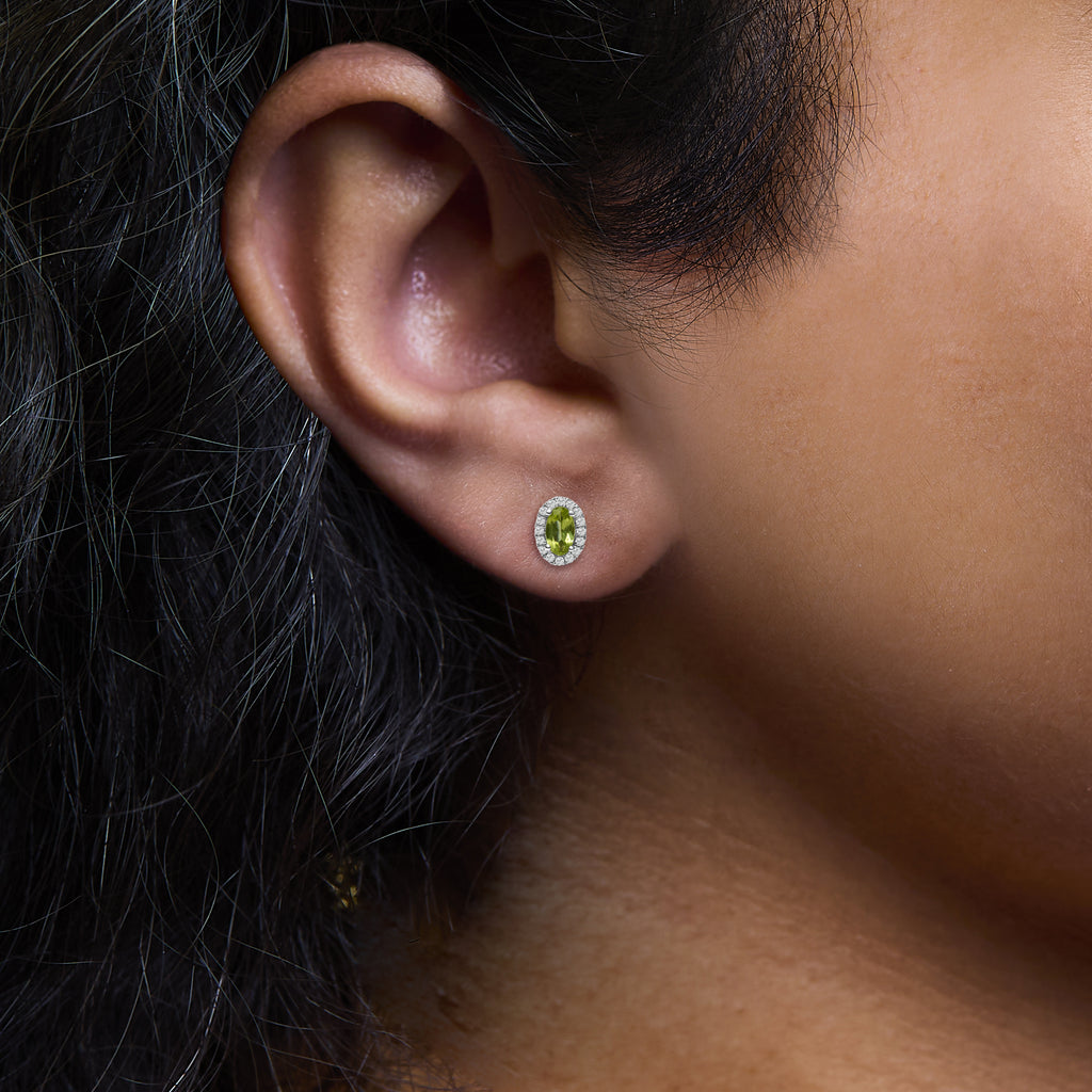 10K White Gold 5x3 MM Oval Green Peridot and Diamond Halo Stud Earrings (I-J Color, I1-I2 Clarity)