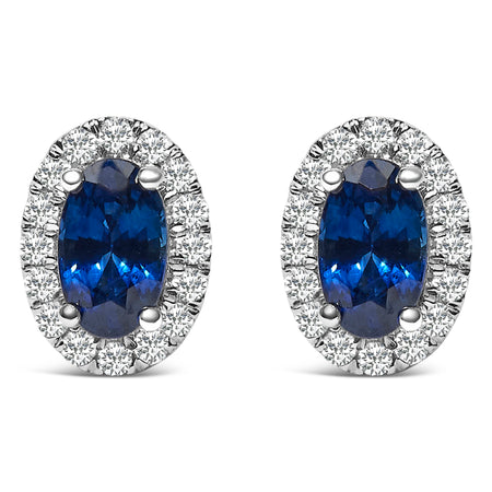 10K White Gold 5x3 MM Oval Blue Sapphire and Diamond Halo Stud Earrings (I-J Color, I1-I2 Clarity)