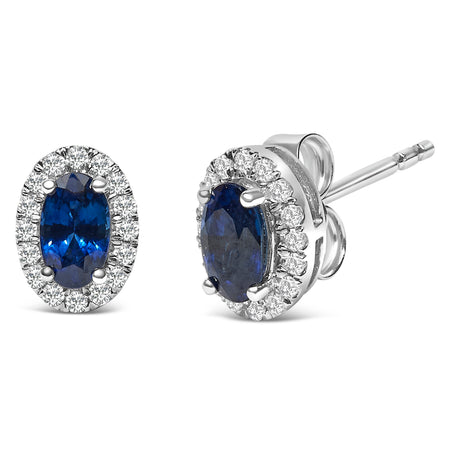 10K White Gold 5x3 MM Oval Blue Sapphire and Diamond Halo Stud Earrings (I-J Color, I1-I2 Clarity) - Model View