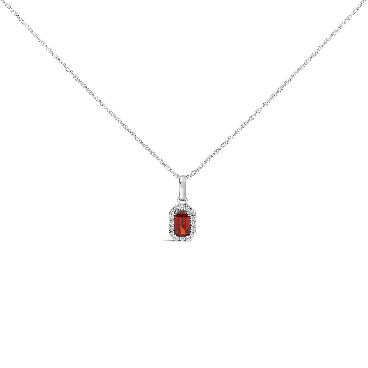 10K White Gold 5x3mm Red Garnet and Diamond Accent Halo Octagonal Shape 18" Pendant Necklace (I-J Color, I1-I2 Clarity)