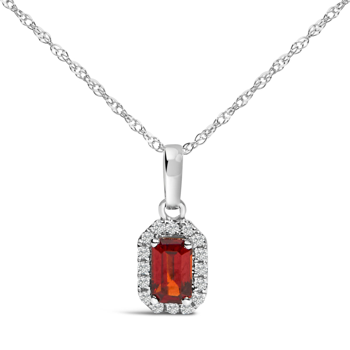 10K White Gold 5x3mm Red Garnet and Diamond Accent Halo Octagonal Shape 18" Pendant Necklace (I-J Color, I1-I2 Clarity)