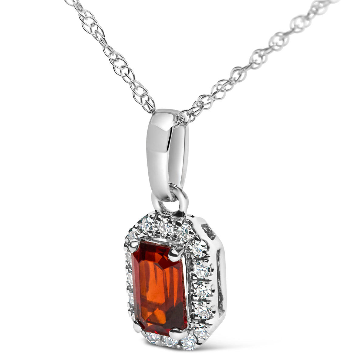 10K White Gold 5x3mm Red Garnet and Diamond Accent Halo Octagonal Shape 18" Pendant Necklace (I-J Color, I1-I2 Clarity)