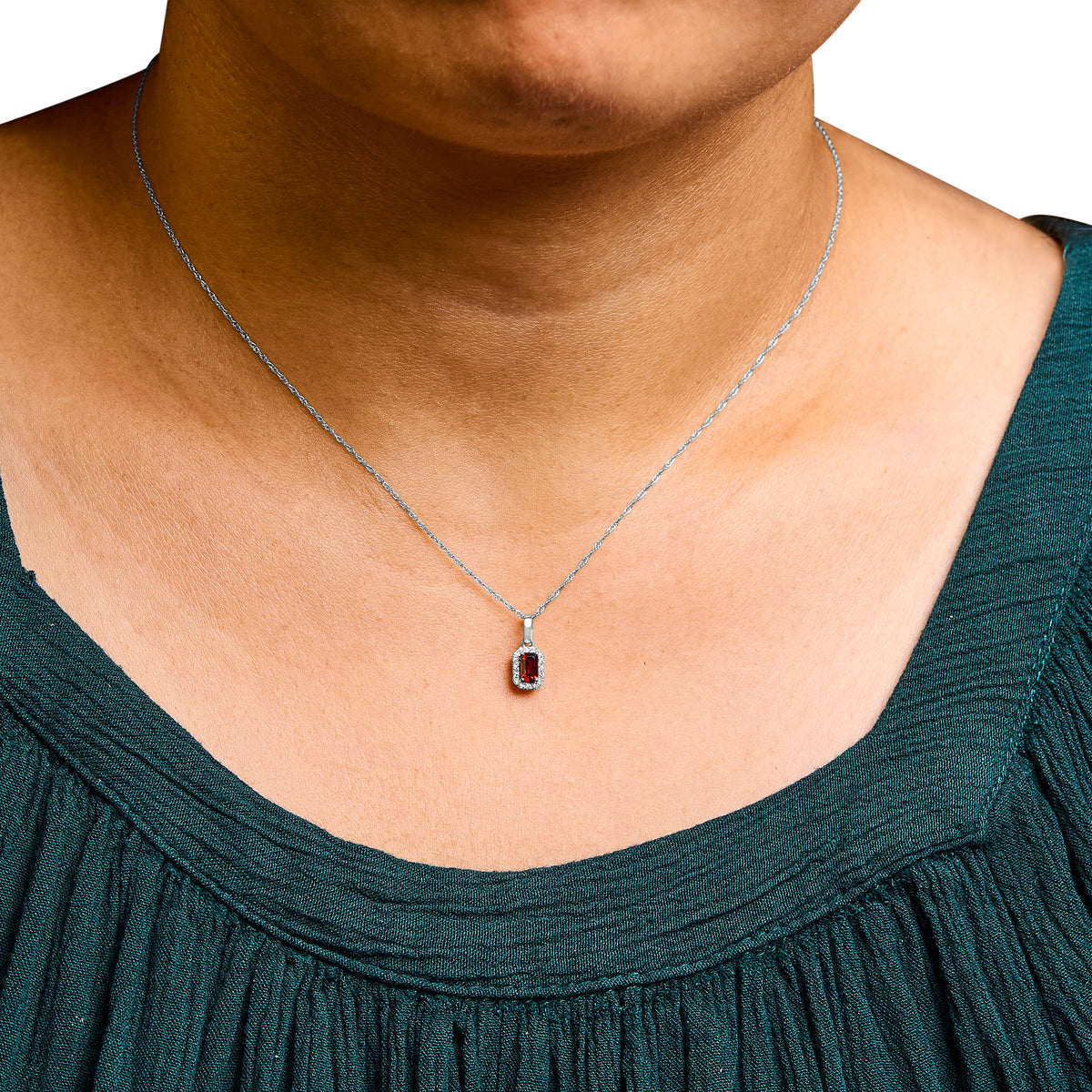 10K White Gold 5x3mm Red Garnet and Diamond Accent Halo Octagonal Shape 18" Pendant Necklace (I-J Color, I1-I2 Clarity)