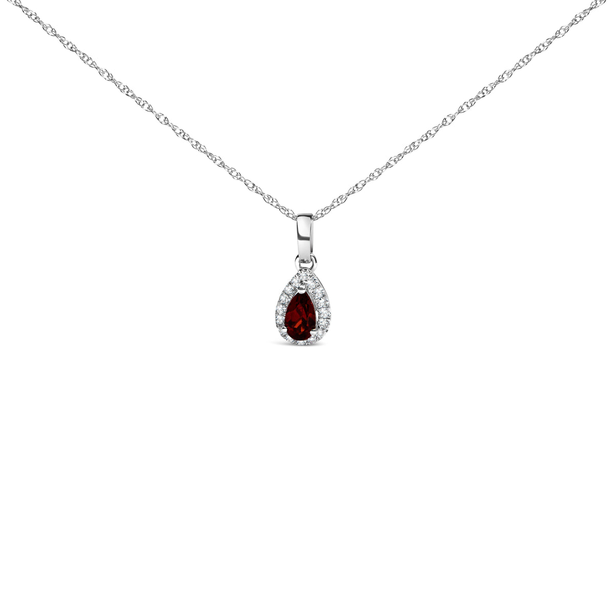 10K White Gold 5x3mm Red Garnet and Diamond Accent Halo Pear Shape 18" Pendant Necklace (I-J Color, I1-I2 Clarity)
