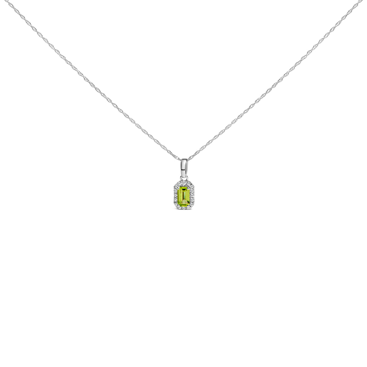 10K White Gold 5x3mm Green Peridot and Diamond Accent Halo Octagonal Shape 18" Pendant Necklace (I-J Color, I1-I2 Clarity)