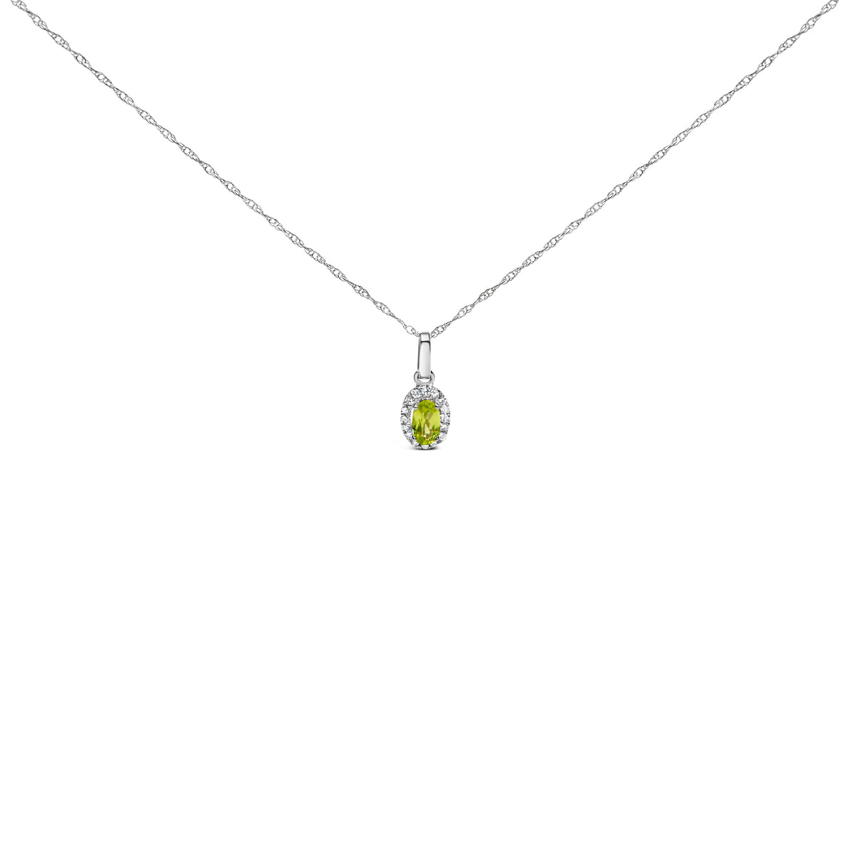 10K White Gold 5x3mm Green Peridot and Diamond Accent Halo Oval Shape 18" Pendant Necklace (I-J Color, I1-I2 Clarity)