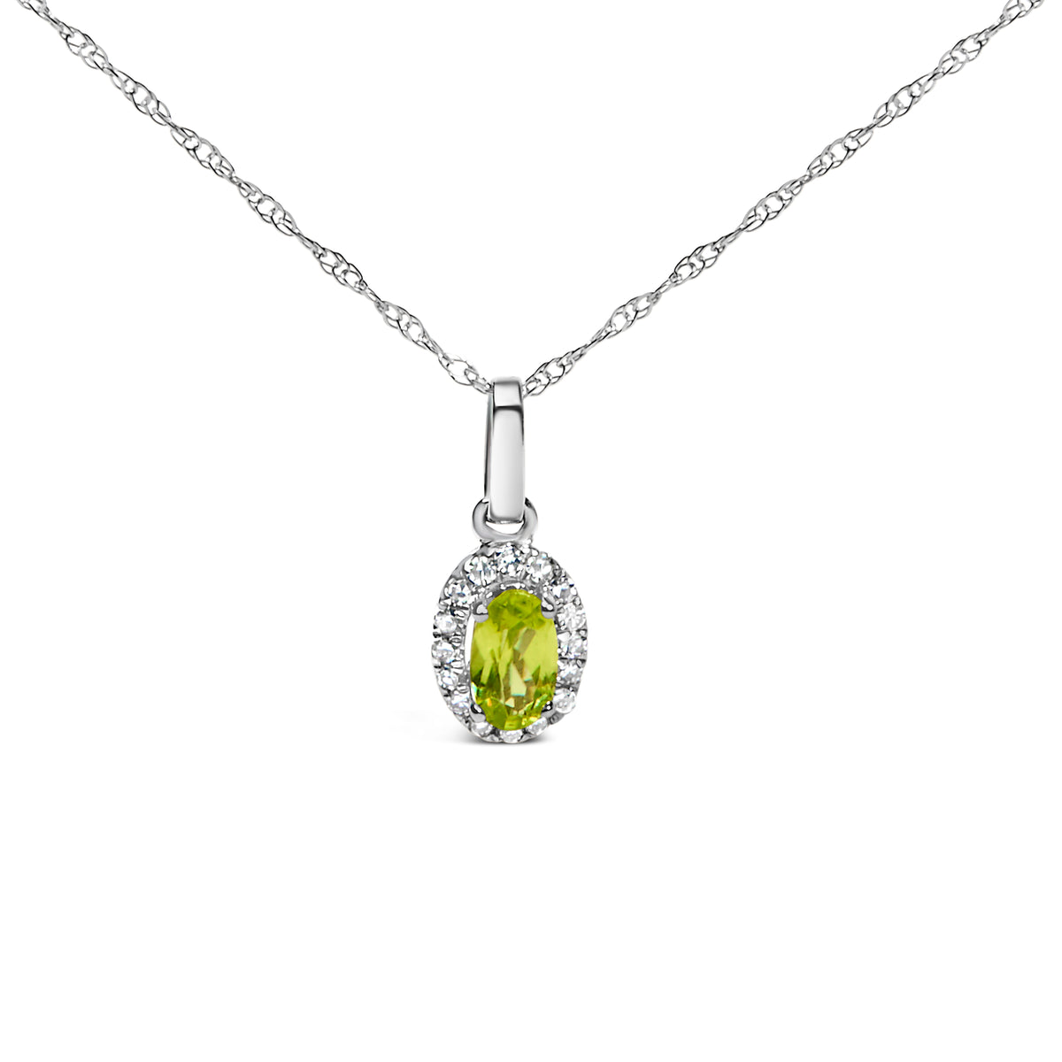 10K White Gold 5x3mm Green Peridot and Diamond Accent Halo Oval Shape 18" Pendant Necklace (I-J Color, I1-I2 Clarity)