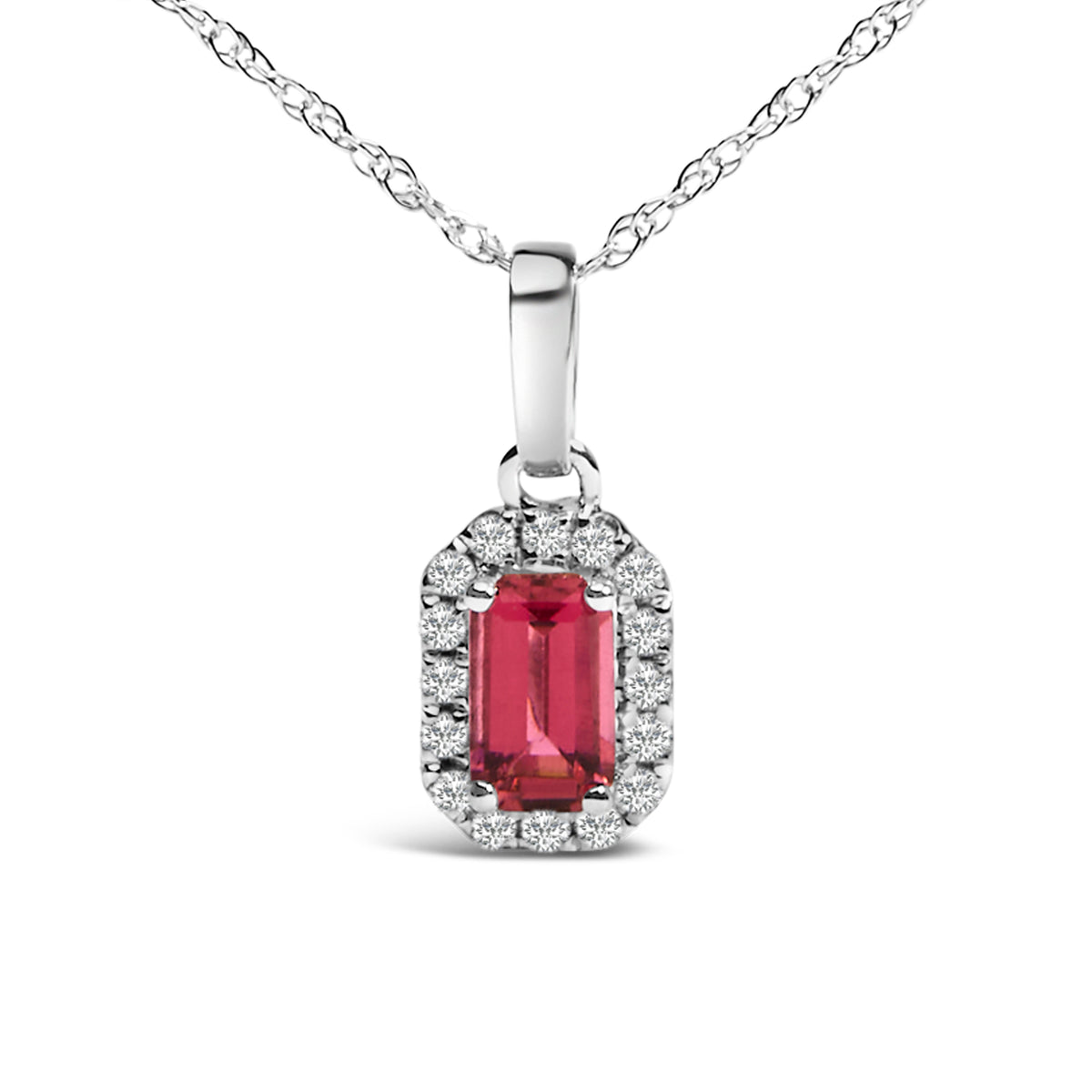 10K White Gold 5x3mm Pink Tourmaline and Diamond Accent Halo Octagonal Shape 18" Pendant Necklace (I-J Color, I1-I2 Clarity)