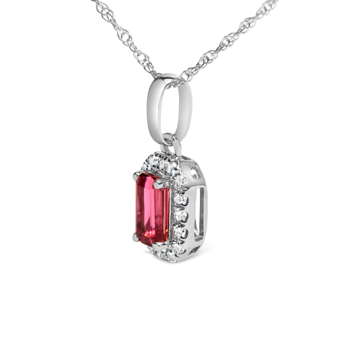 10K White Gold 5x3mm Pink Tourmaline and Diamond Accent Halo Octagonal Shape 18" Pendant Necklace (I-J Color, I1-I2 Clarity)