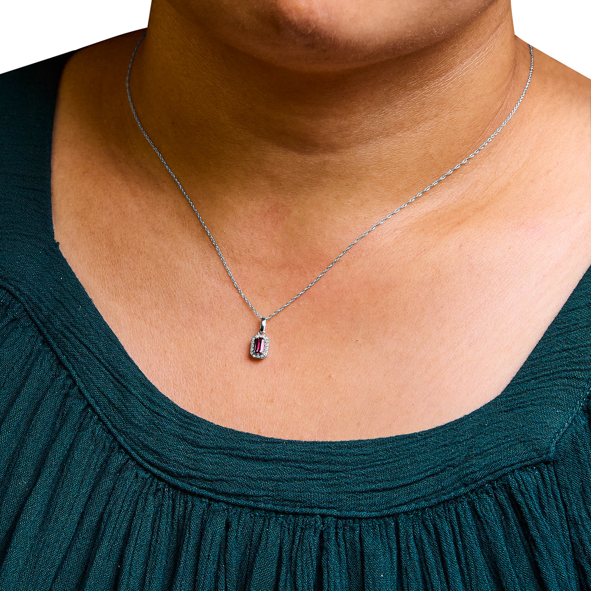 10K White Gold 5x3mm Pink Tourmaline and Diamond Accent Halo Octagonal Shape 18" Pendant Necklace (I-J Color, I1-I2 Clarity)