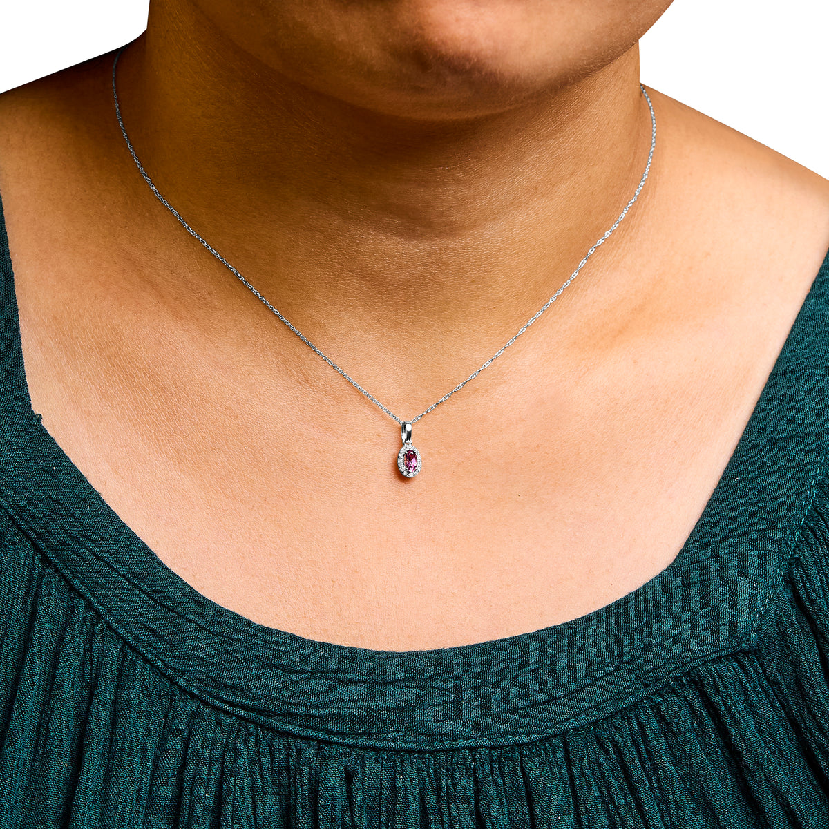 10K White Gold 5x3mm Pink Tourmaline and Diamond Accent Halo Oval Shape 18" Pendant Necklace (I-J Color, I1-I2 Clarity)