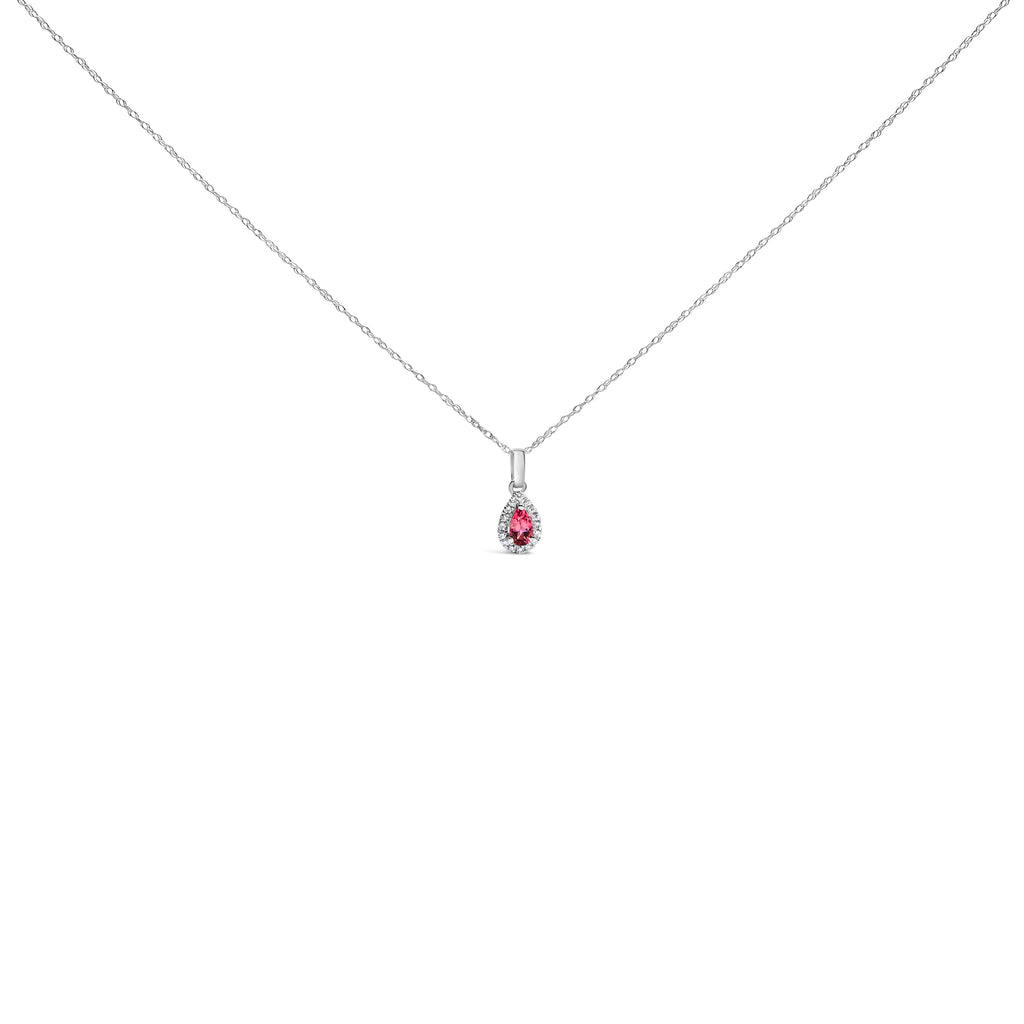 10K White Gold 5x3mm Pink Tourmaline and Diamond Accent Halo Pear Shape 18" Pendant Necklace (I-J Color, I1-I2 Clarity)