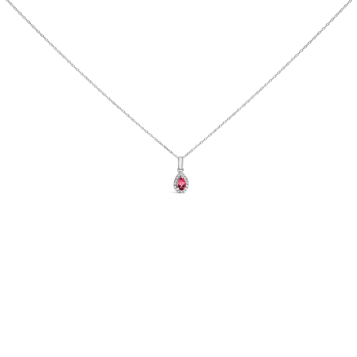 10K White Gold 5x3mm Pink Tourmaline and Diamond Accent Halo Pear Shape 18" Pendant Necklace (I-J Color, I1-I2 Clarity)
