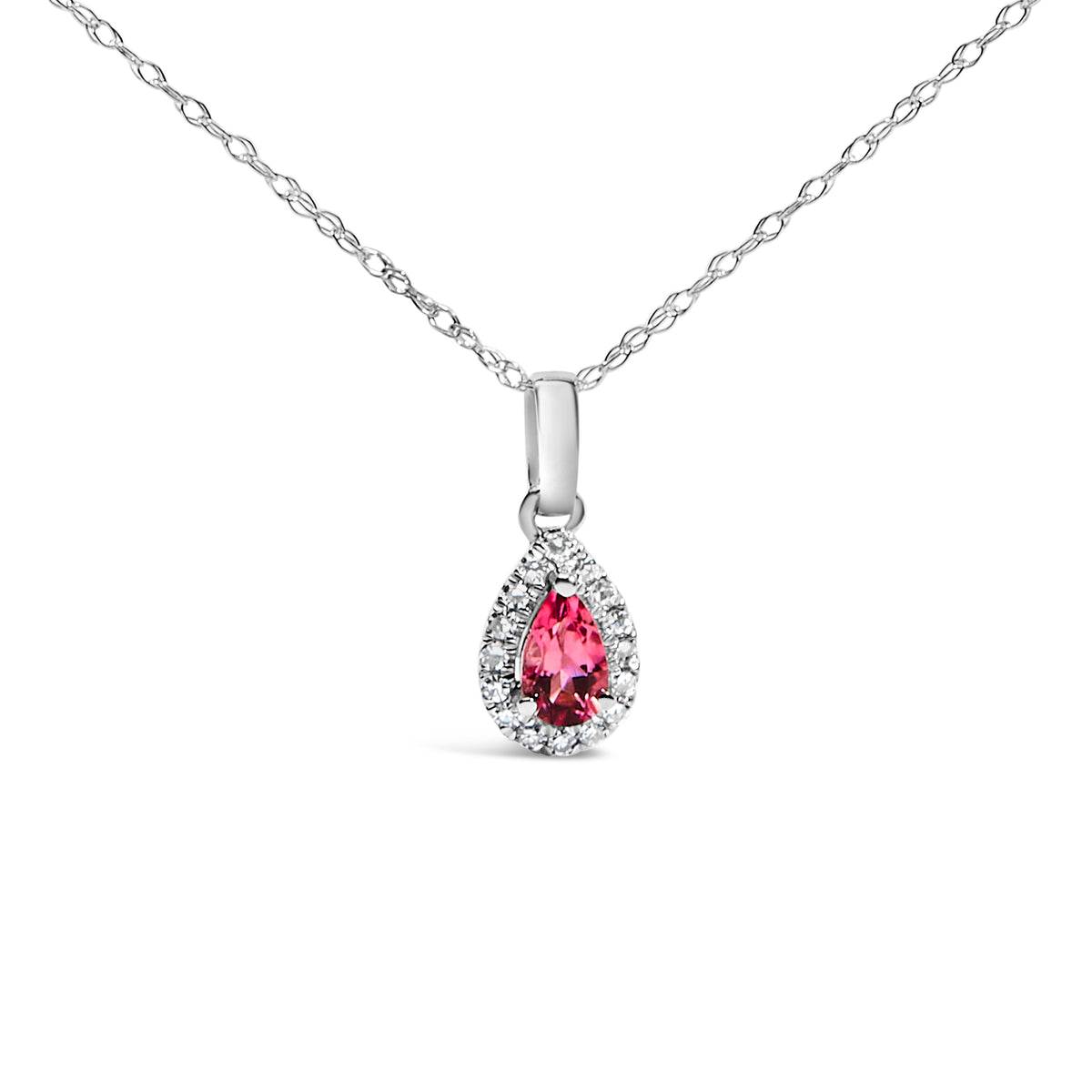 10K White Gold 5x3mm Pink Tourmaline and Diamond Accent Halo Pear Shape 18" Pendant Necklace (I-J Color, I1-I2 Clarity)