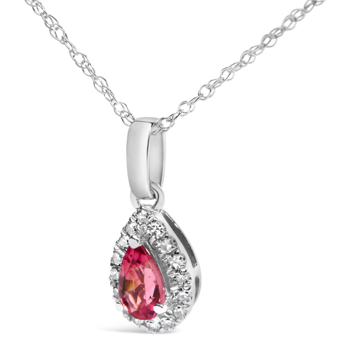 10K White Gold 5x3mm Pink Tourmaline and Diamond Accent Halo Pear Shape 18" Pendant Necklace (I-J Color, I1-I2 Clarity)