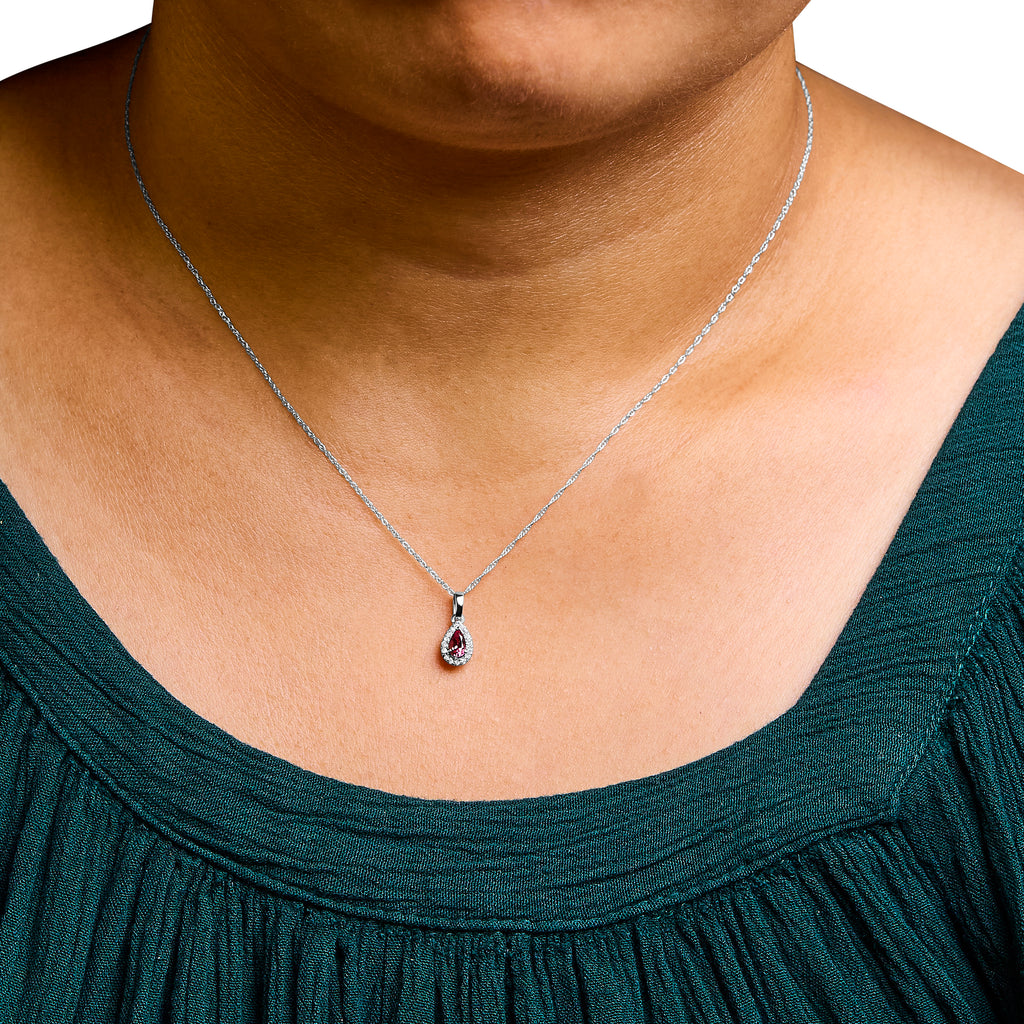 10K White Gold 5x3mm Pink Tourmaline and Diamond Accent Halo Pear Shape 18" Pendant Necklace (I-J Color, I1-I2 Clarity)