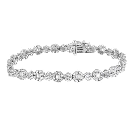 10K White Gold 4.0 cttw Brilliant Round-cut and Baguette Diamond Floral Cluster Link Bracelet (I-J Clarity, I1-I2 Color)"